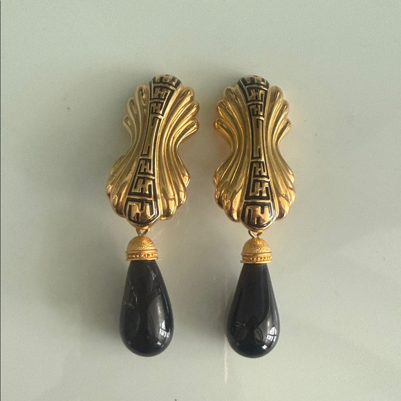 Fendi Vintage Gold and Black Statement Earrings Clip On